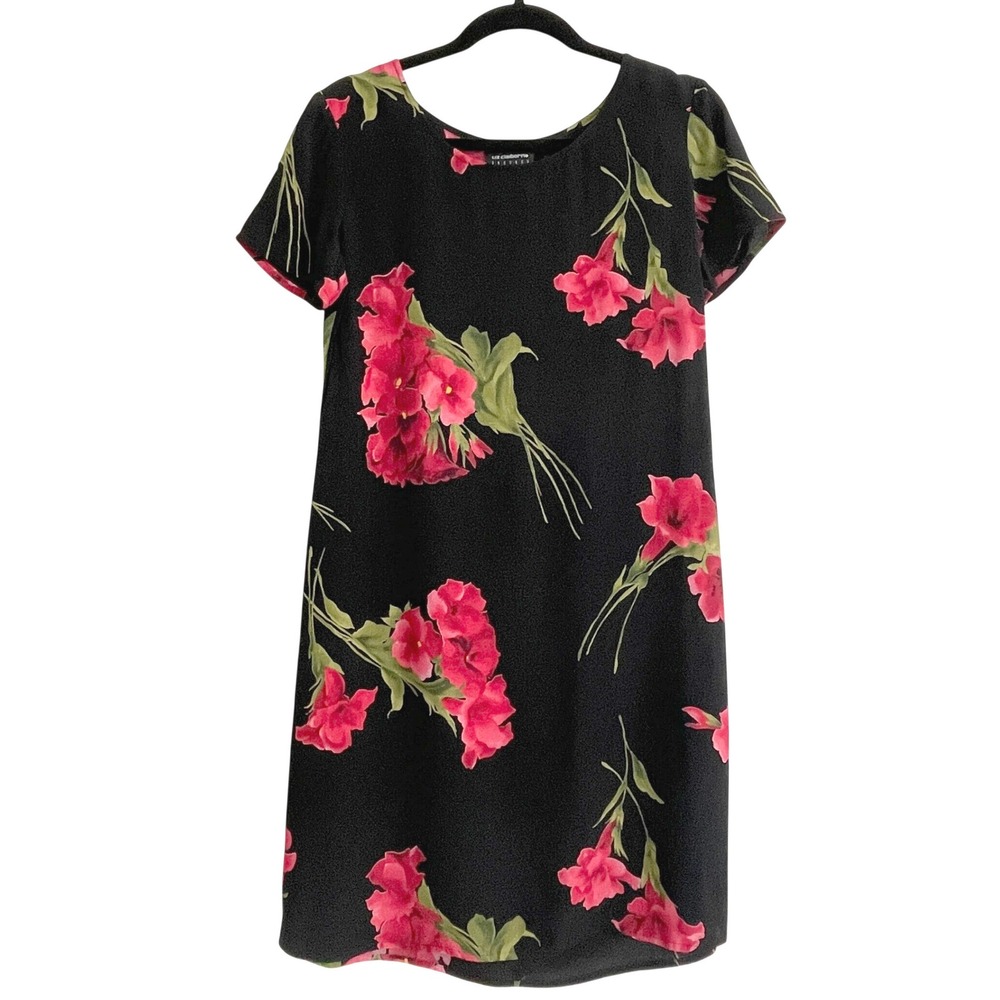 Liz Claiborne Dresses Black Pink Floral Rayon Shift Dress Short Sleeve Size 4